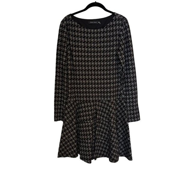 Ivanka Trump Dress Drop Waist Flare Black Grey/white Houndstooth Long Sleeve - Picture 1 of 9